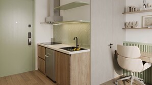 Una cocina moderna con lavavajillas integrado, un fregadero con grifo y un armario de madera.