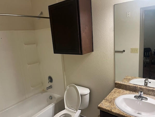 Hair dryer, towels, soap, shampoo