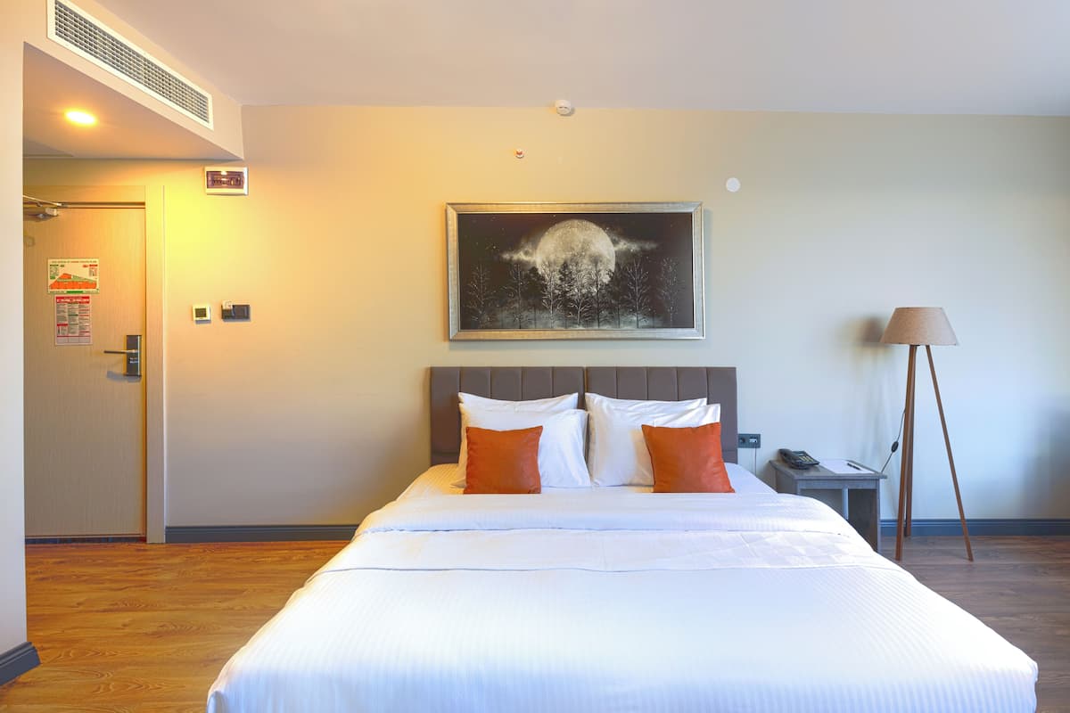 A hotel room with a large bed, a night sky painting, a bedside lamp, and a door with a poster.