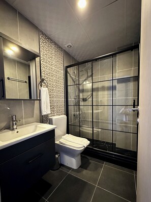 Shower, free toiletries, hair dryer, slippers