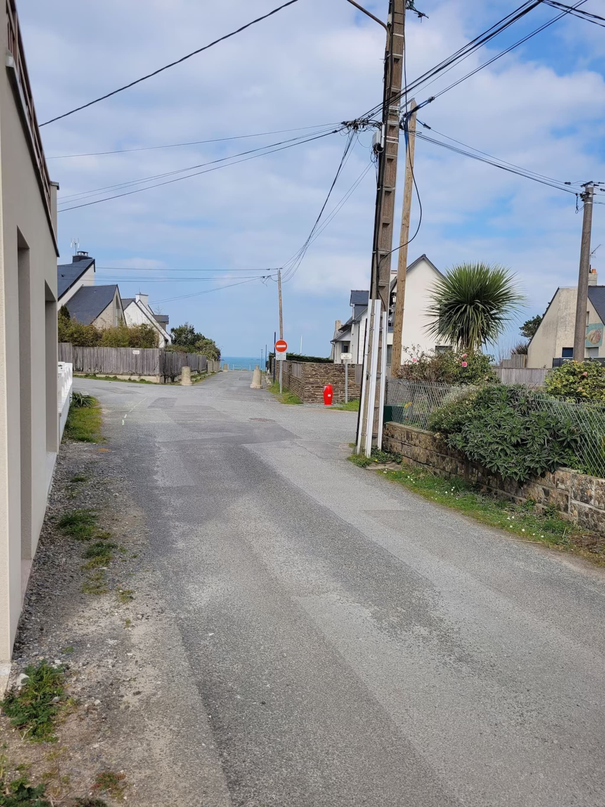 A quiet residential street with houses on both sides, a no entry sign, and utility poles.