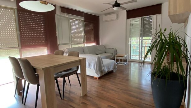 A spacious living area with a wooden floor, a dining table with chairs, a sofa, a ceiling fan, and a large potted plant.
