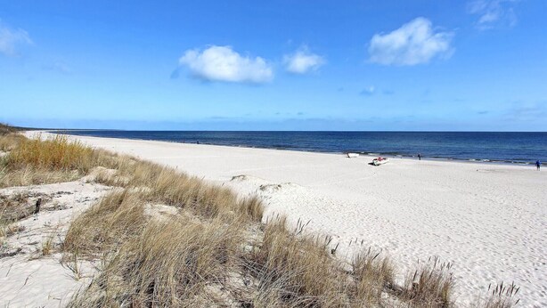 Ein Strand mit Dünen und blauem Himmel.