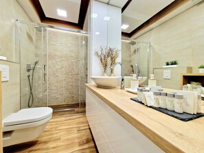 Regadera, secadora de cabello, toallas, jabón