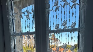 Janela com cortinas de renda detalhadas e vista para um jardim e edifícios.