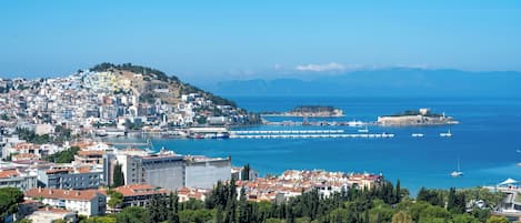 A coastal cityscape with a prominent hill, a fortified structure, and a marina with boats.