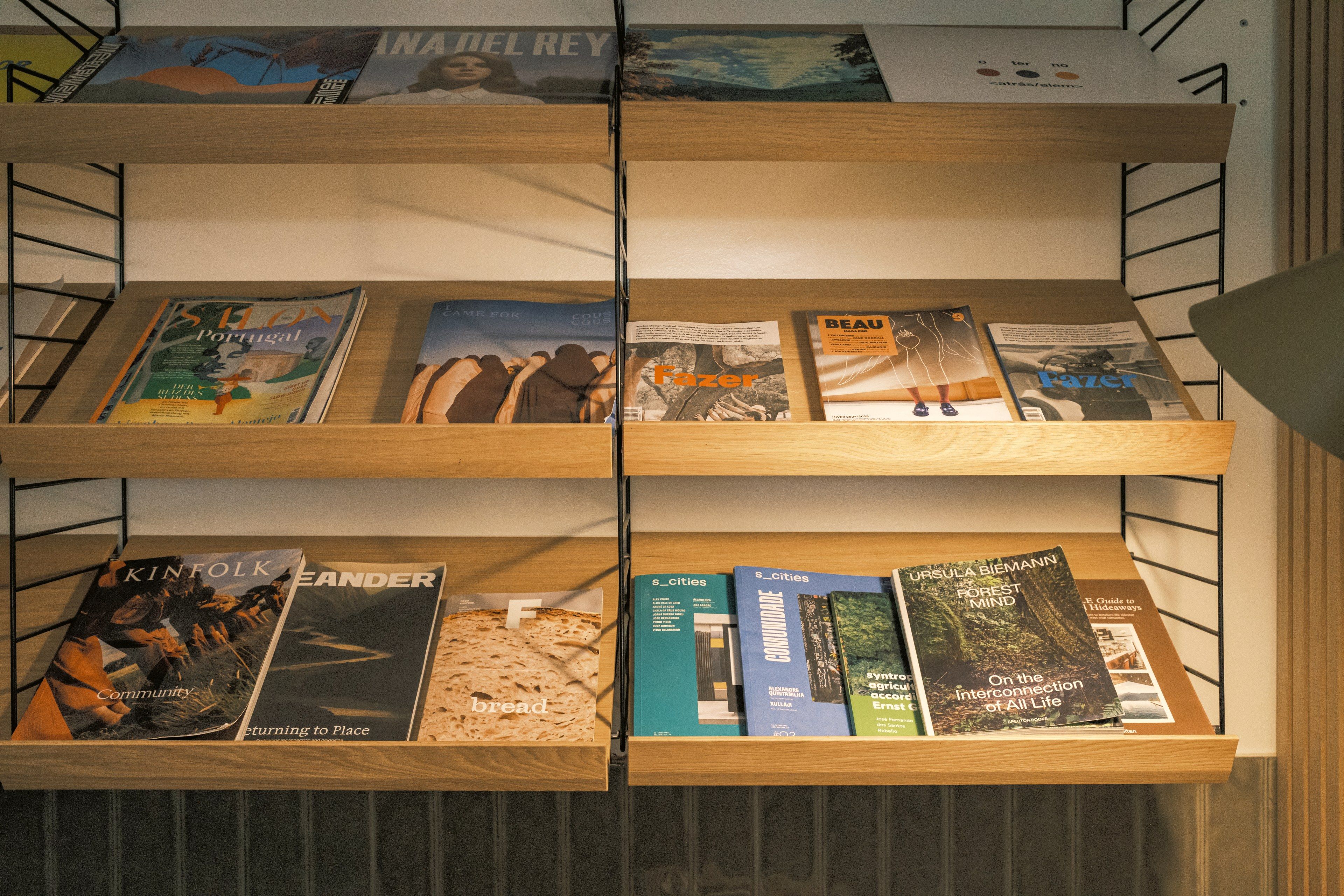 A bookshelf with various books and magazines.