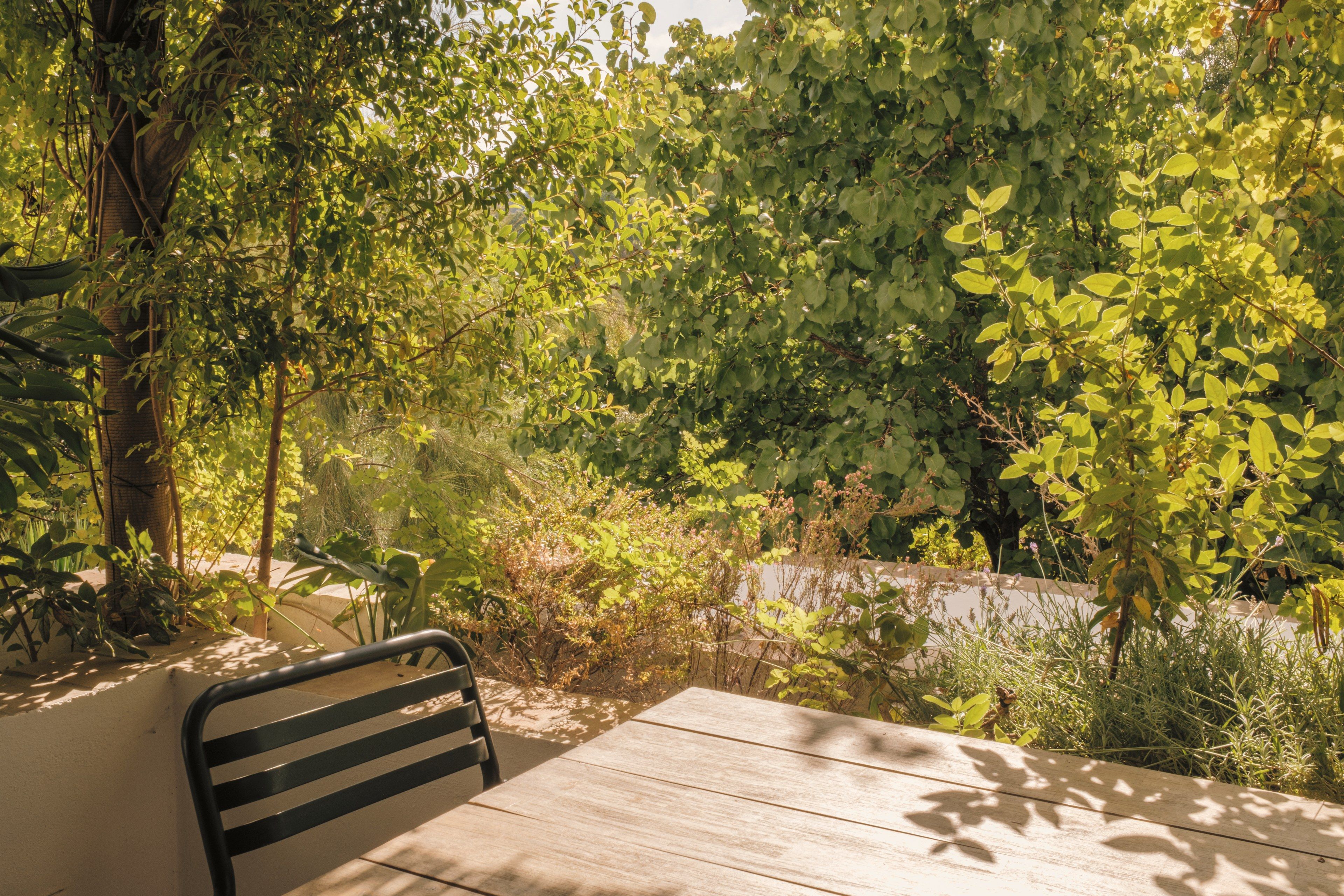 A wooden table with a metal chair in a garden area with dense foliage and a stone wall in the background.