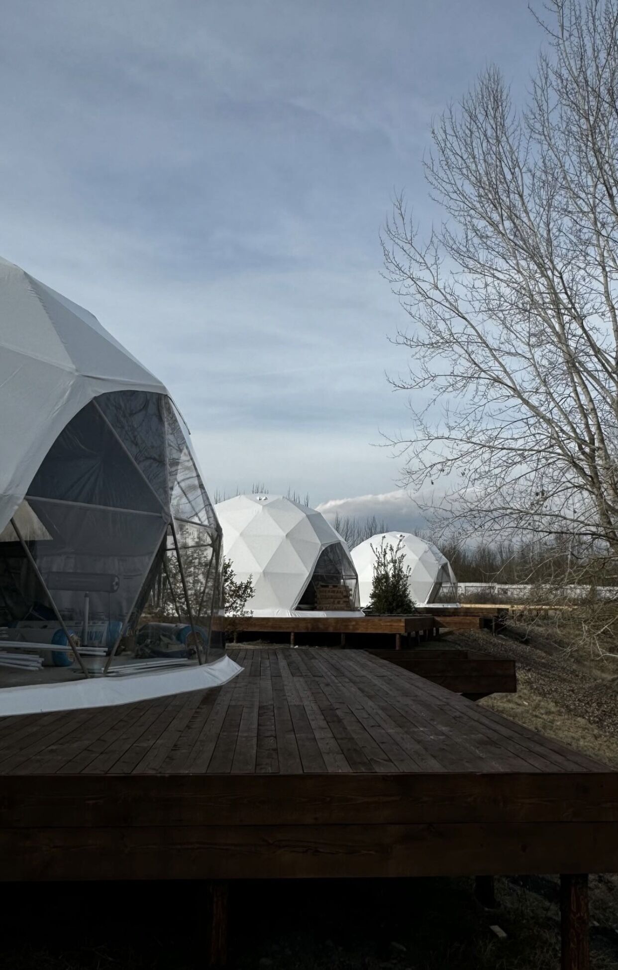 A series of geodesic dome structures with wooden decks in front, set in a natural landscape.