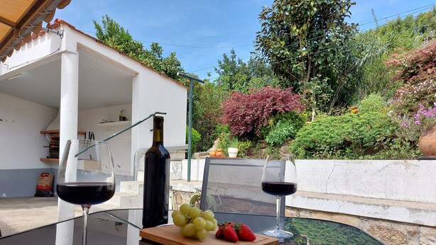 A glass table with two wine glasses, a bottle of wine, and a wooden board with grapes and strawberries.
