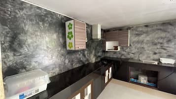 Deluxe House | Private kitchen | Fridge, microwave, stovetop, electric kettle