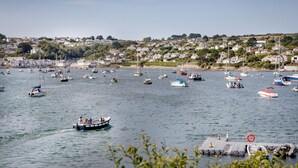 A harbor with various boats and a dock with a lifebuoy.