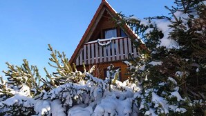 A wooden cabin with a balcony, surrounded by snow-covered trees.