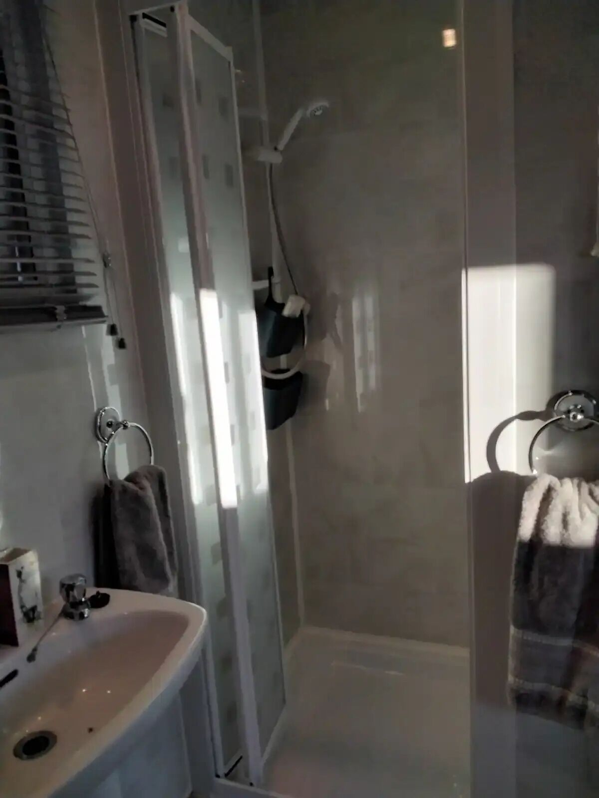 A modern bathroom with a glass-enclosed shower, a sink, and a towel rack.