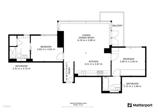 A floor plan of a property with a living/dining room, two bedrooms, a kitchen, a bathroom, and a balcony. - Stunning London View Flat (London)