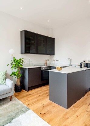 Basic-Apartment | Eigene Küche | Kühlschrank, Mikrowelle, Ofen, Herdplatte