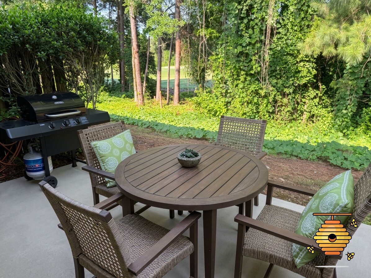 An outdoor patio with a round wooden table and wicker chairs, a grill, and a gas tank.