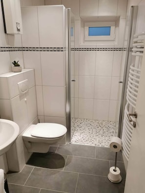 Shower, hair dryer, towels, soap