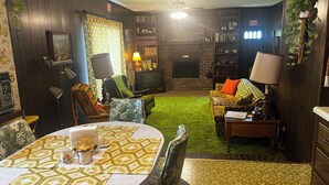 A cozy living room with a fireplace, a bookshelf, a dining area with a patterned tablecloth, and a green artificial turf area. - Groovy 1970s Home in central Indiana with basement full of entertainment! (Carmel)