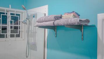 Hair dryer, towels, soap, toilet paper