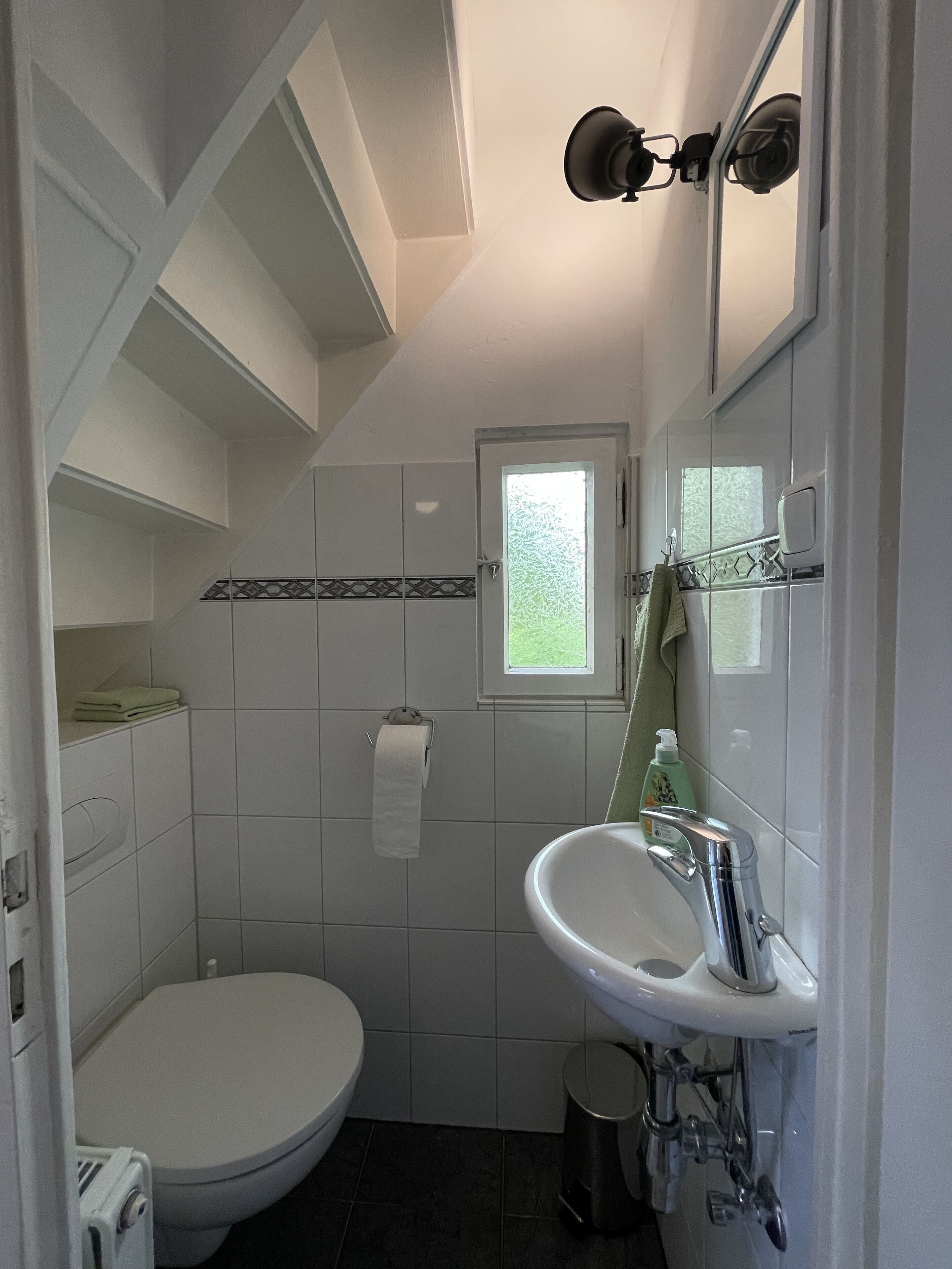A bathroom with a toilet, sink, and a window.
