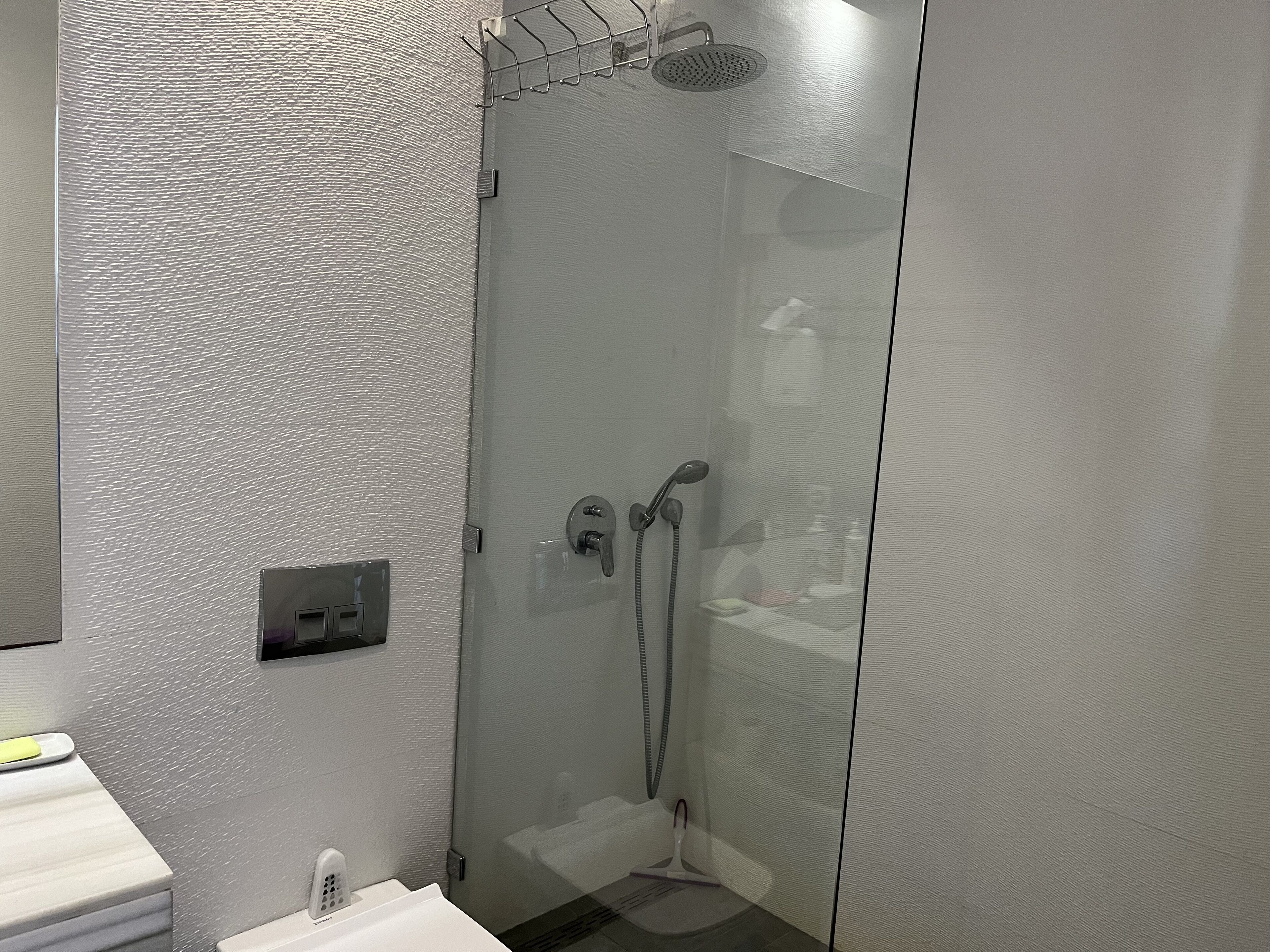 Moderni kylpyhuone, jossa on lasiseinällä varustettu suihku, valkoinen pesuallas ja wc.