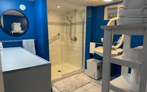 Hair dryer, towels, soap, toilet paper