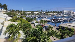 Marina com vários barcos atracados, cercada por palmeiras e edifícios.