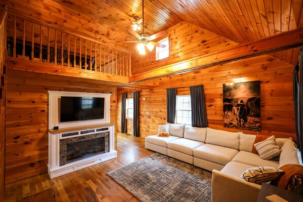 Smart TV, fireplace, books