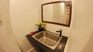 Une salle de bain avec un lavabo en acier inoxydable, un miroir et une petite plante en pot aux fleurs jaunes.