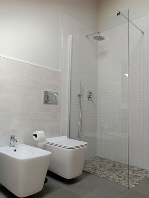 Een douche, een haardroger, een bidet, handdoeken