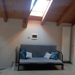 Una habitación con un sofá gris, dos almohadas, un tragaluz, un radiador y un pequeño respiradero blanco.