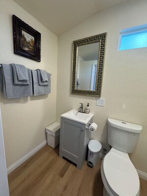 Suihku, hiustenkuivaaja, pyyhkeet, saippua