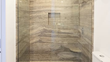 Shower, towels, soap, shampoo