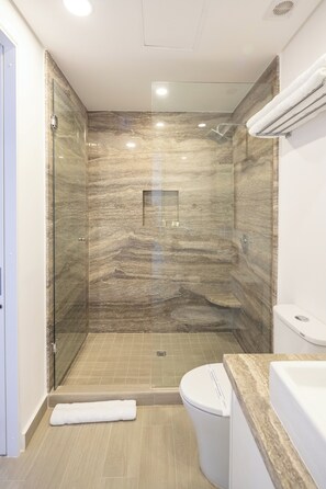 Shower, towels, soap, shampoo