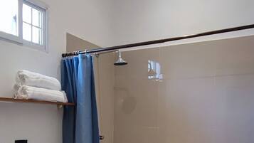 Shower, towels, soap, shampoo
