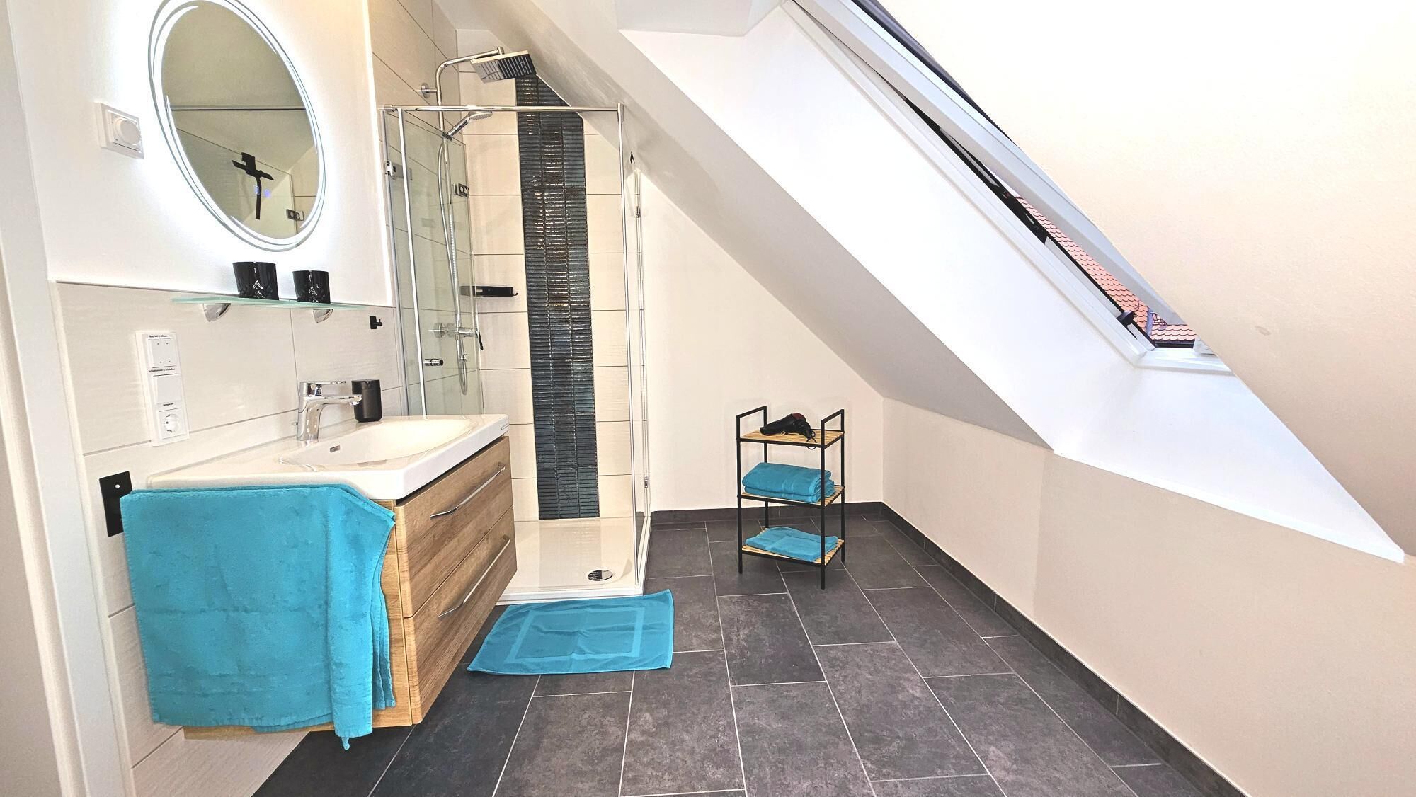 Shower, hair dryer, towels, soap