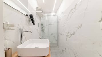 Shower, hair dryer, bidet, towels