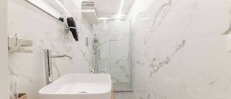 Shower, hair dryer, bidet, towels