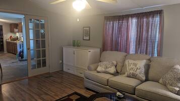 Smart TV, fireplace, books, stereo