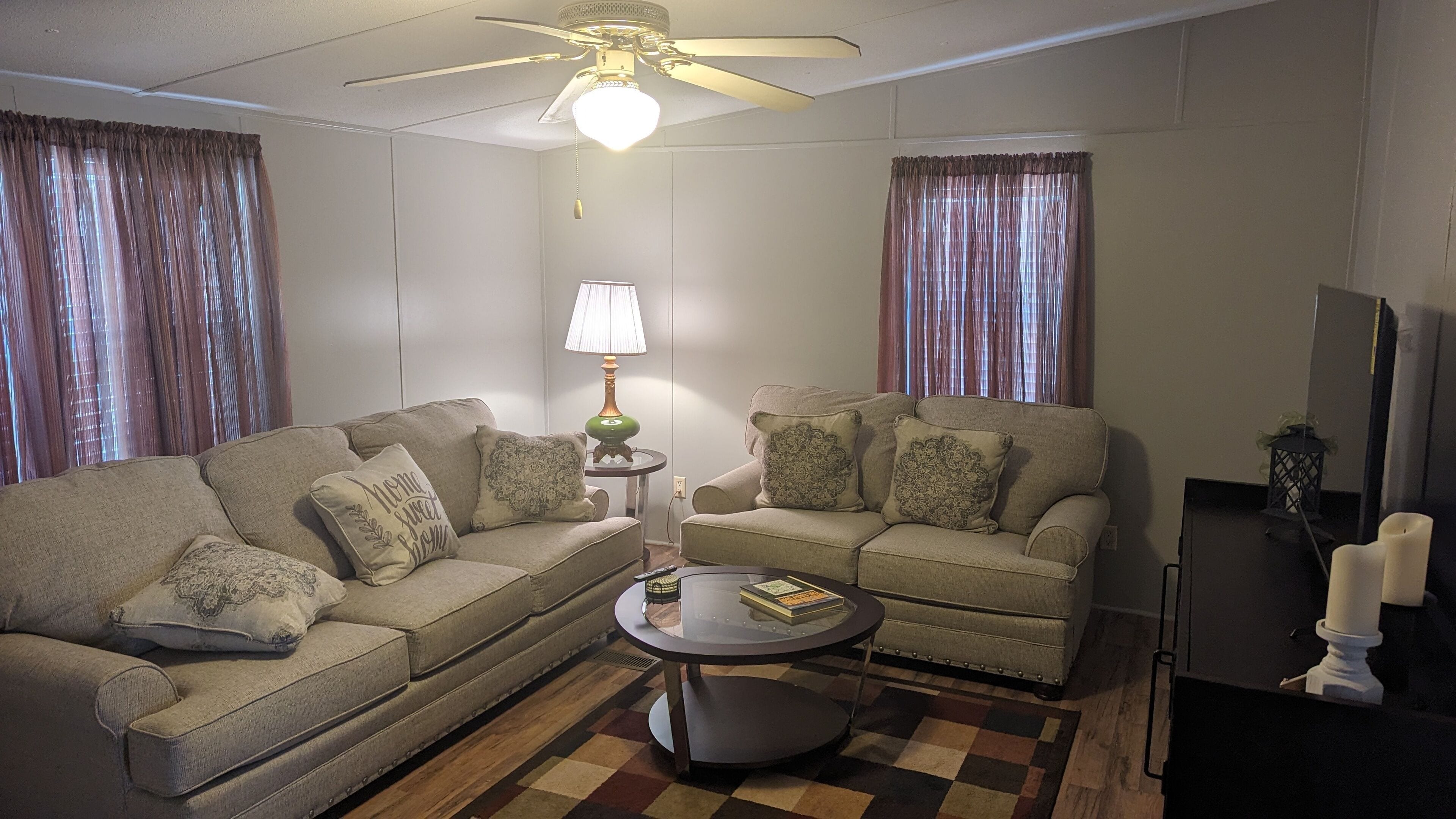 Smart TV, fireplace, books, stereo