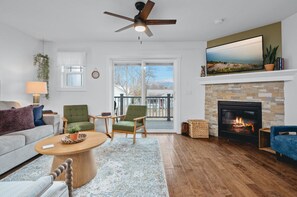 Smart TV, fireplace, books