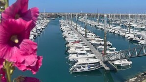 A marina with numerous boats docked in a clear blue sky.