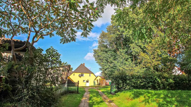Een geel huis met een pad van stenen, omringd door weelderige begroeiing en bomen.