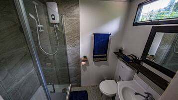Shower, towels, soap, toilet paper