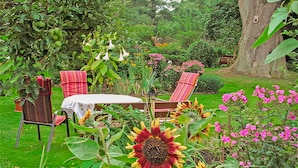 Un jardín con una mesa y sillas, rodeado de diversas plantas y flores.