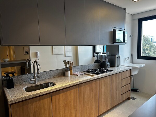Apartment | Private kitchen | Full-sized fridge, microwave, espresso maker, electric kettle