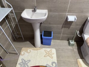 Hair dryer, towels, soap, toilet paper