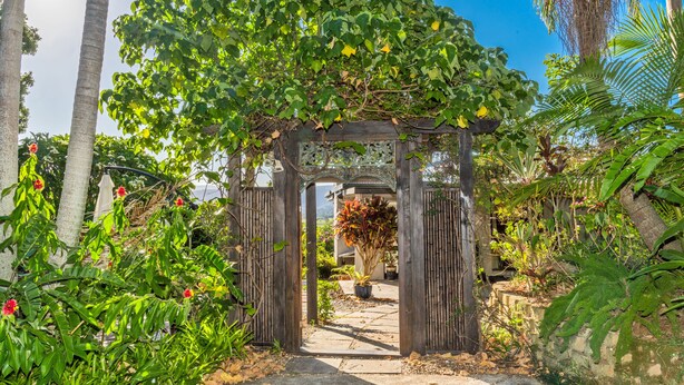 Una pérgola de madera con un sendero que la atraviesa, rodeada de abundante vegetación y plantas.