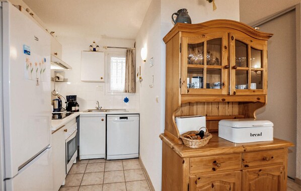 Une cuisine compacte équipée d’un réfrigérateur, d’un lave-vaisselle, d’un évier et d’un meuble en bois doté de portes en verre.